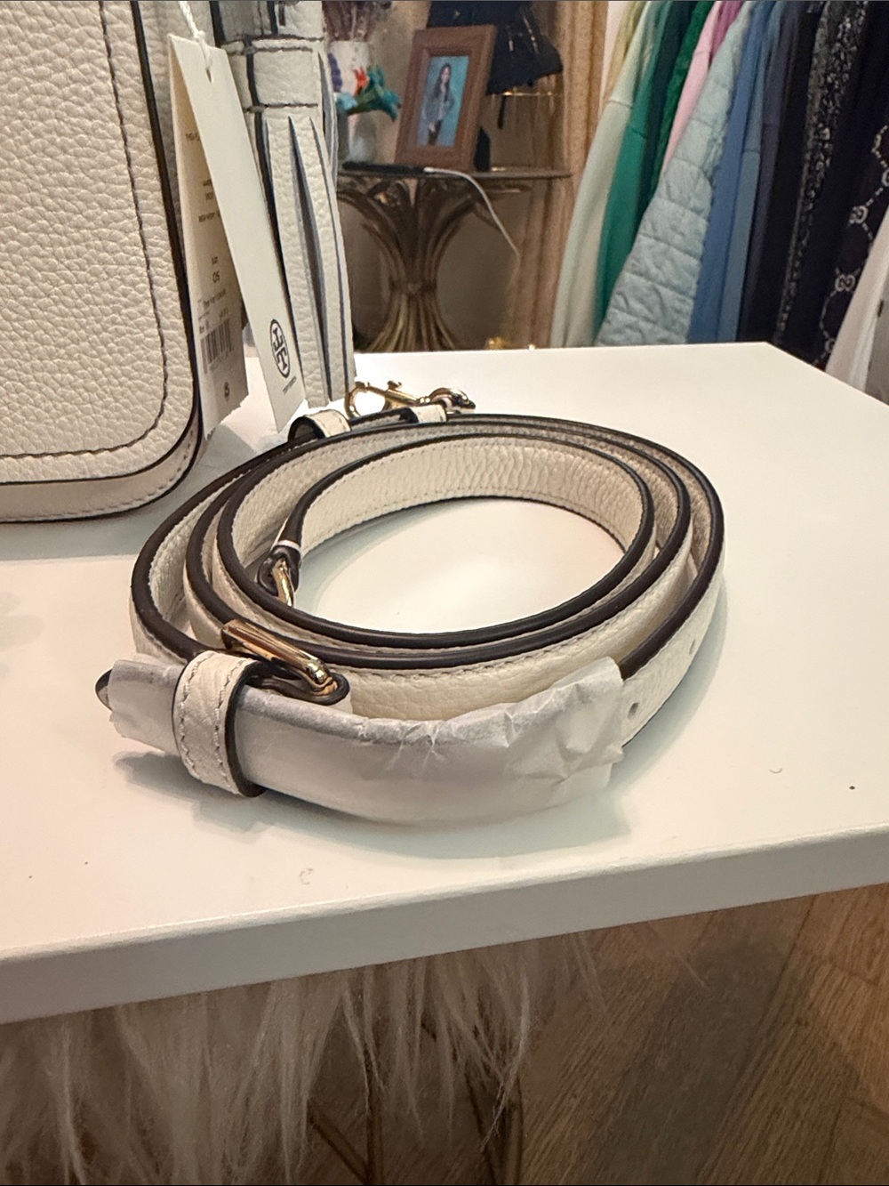 Tory Burch Thea Flap Pebbled Leather Cream Crossbody with Tassel - Picture 7 of 8